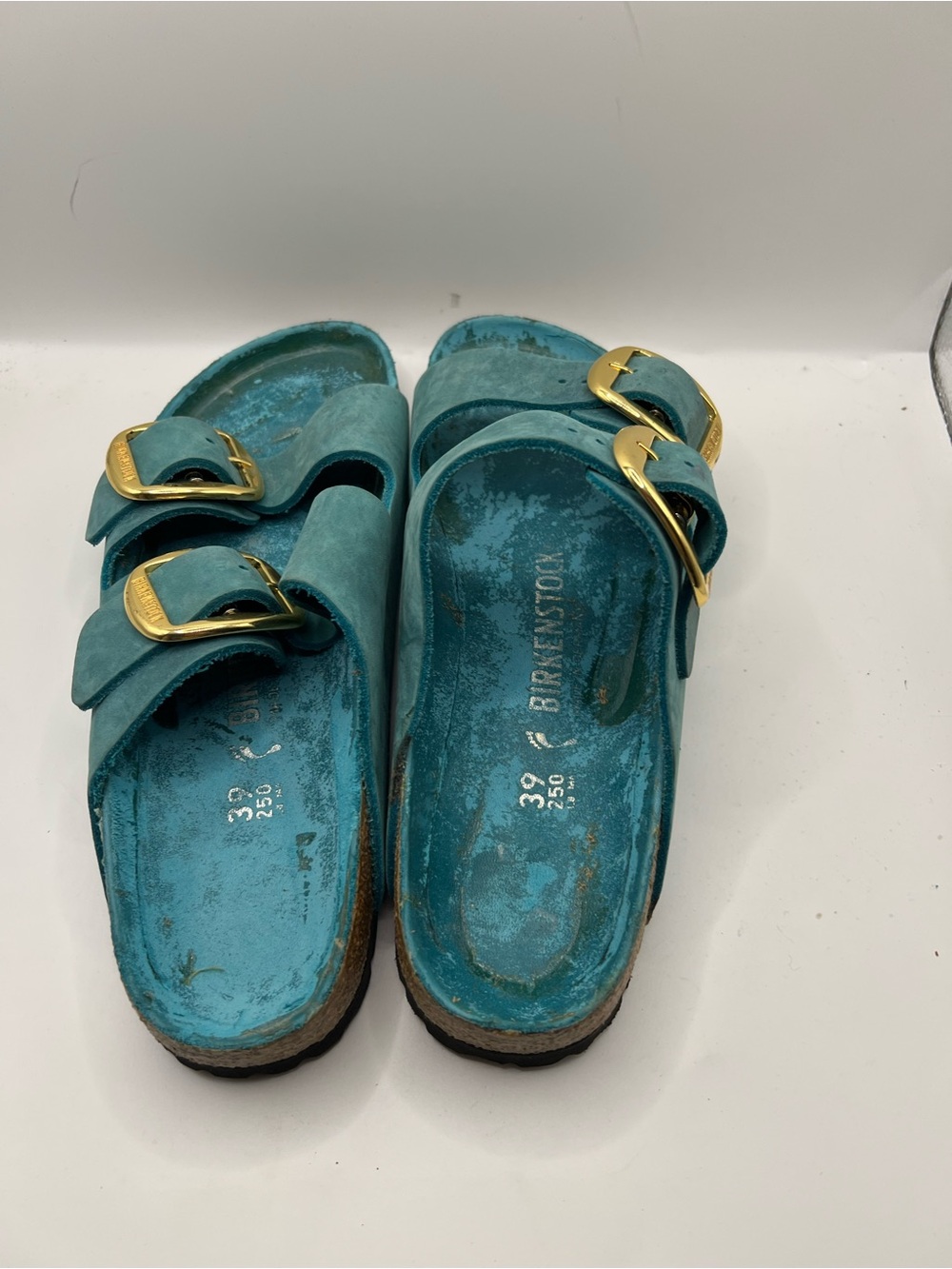 Birkenstock Teal Arizona Sandals with Gold Buckles - Picture 8 of 9